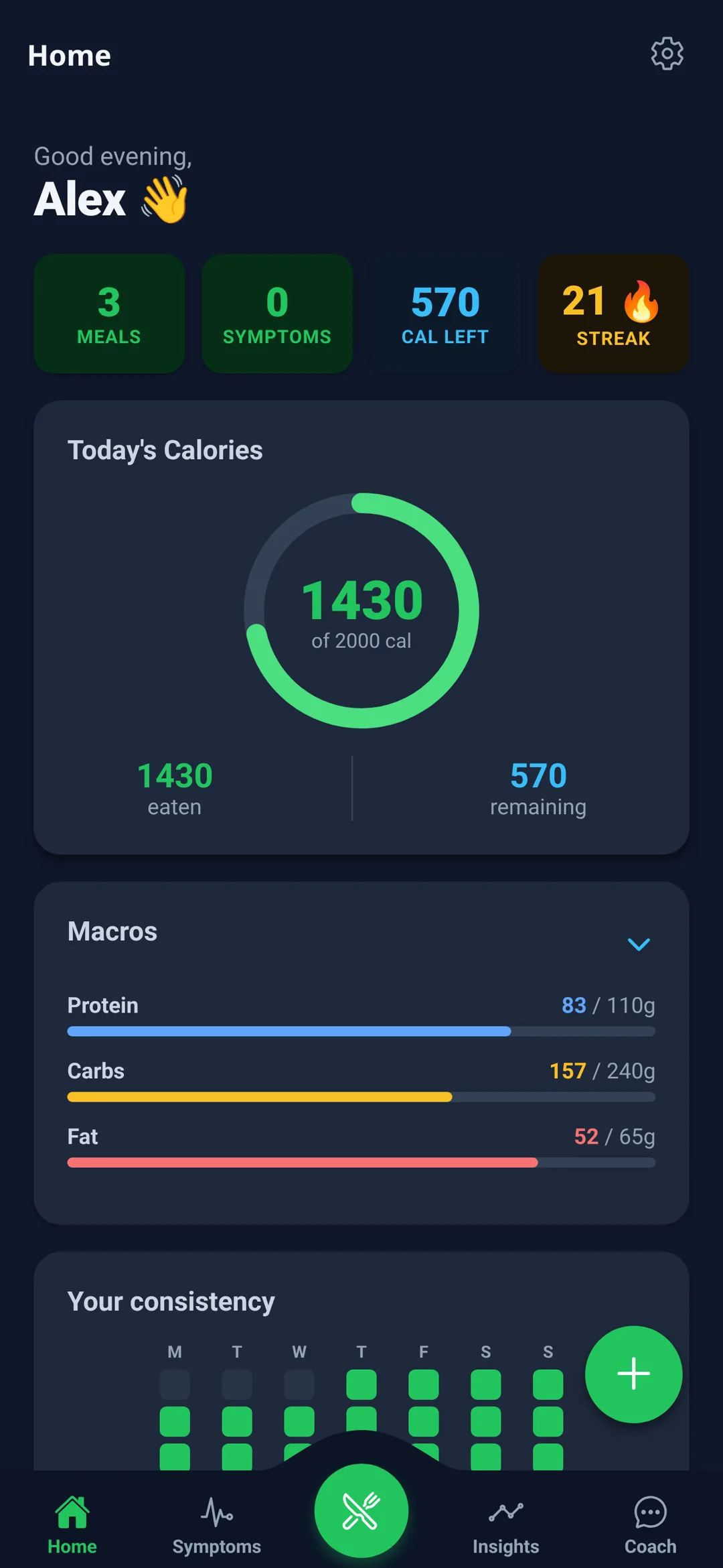 GutLens dashboard showing today’s calorie ring, calories eaten and remaining, and macro bars.